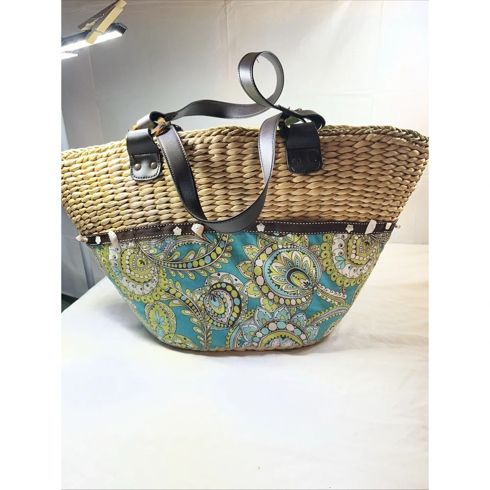 Vera Bradley Peacock Blue Green Floral Wicker Tote Bag Large Mod Straw Shopper - Picture 3 of 5